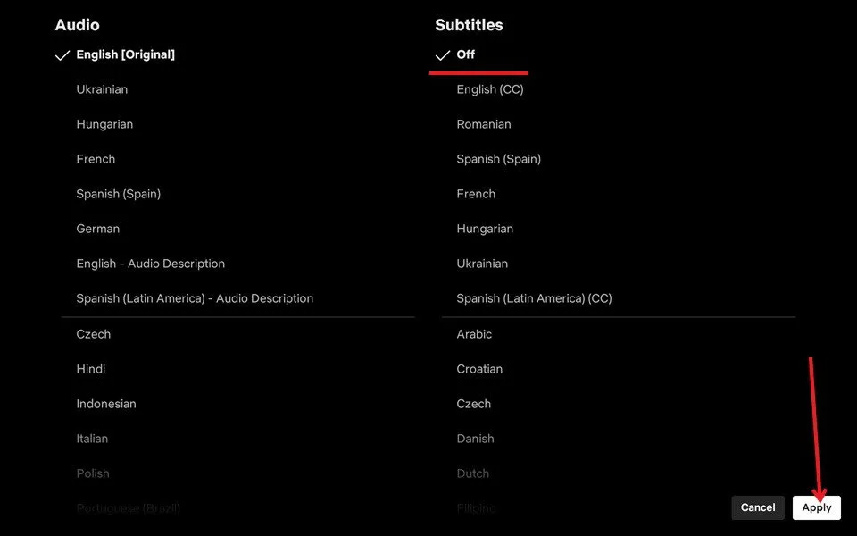 Wyłączanie napisów w serwisie Netflix na tablecie z systemem Android.