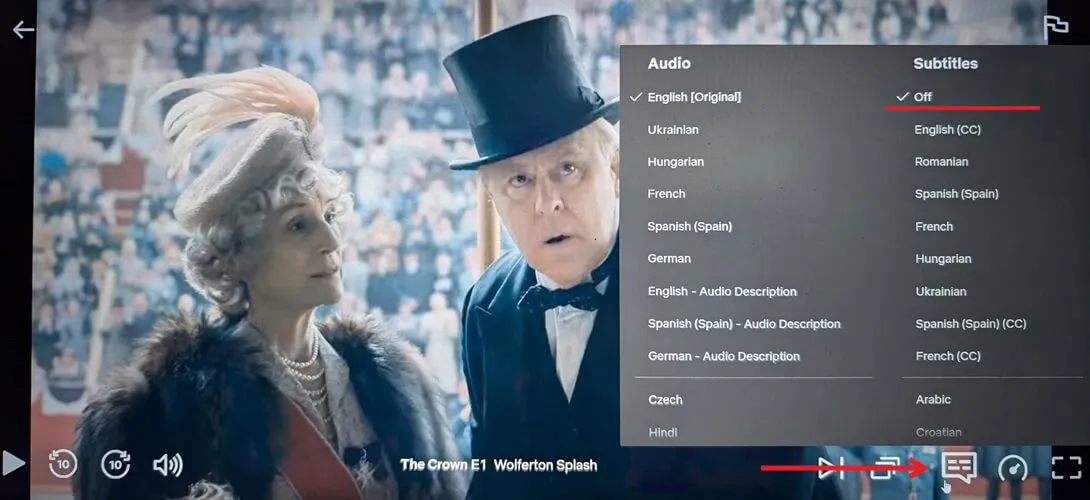Disattivare i sottotitoli su Netflix tramite un browser web.