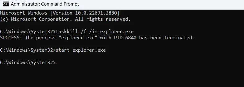 명령 프롬프트에서 파일 탐색기를 다시 시작합니다.