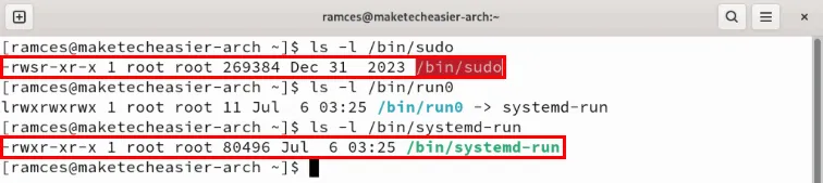 run0 と比較した sudo バイナリの setuid プロパティを強調表示するターミナル。