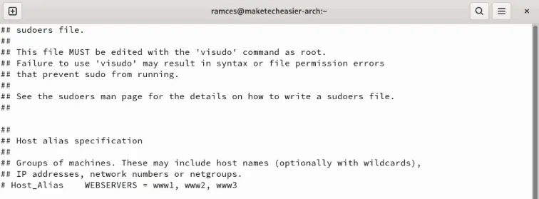 Ein Terminal, das den Inhalt der Sudoers-Datei anzeigt.