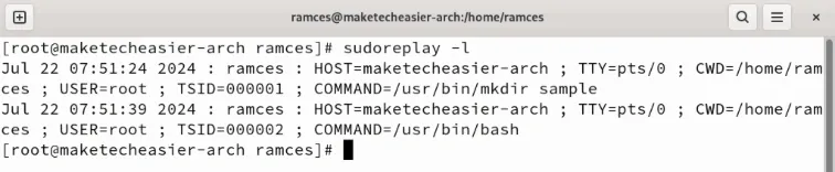 顯示 sudoreplay 命令輸出的終端，其中列出了系統中運行的所有 sudo 命令。