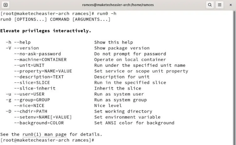 Un terminale che mostra la schermata di aiuto per run0.