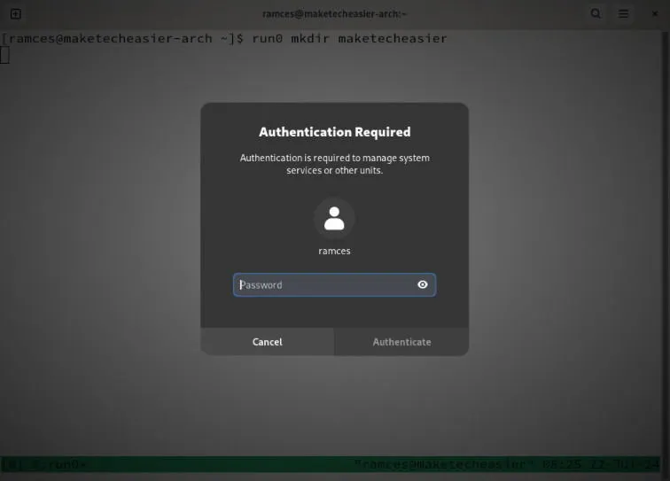 Zrzut ekranu przedstawiający monit Polkit dla żądania run0 na terminalu multipleksowym.