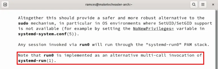Een terminal die de zin op de manpagina van Run0 markeert, waarin wordt beschreven dat het bovenop Systemd-run is gebouwd.