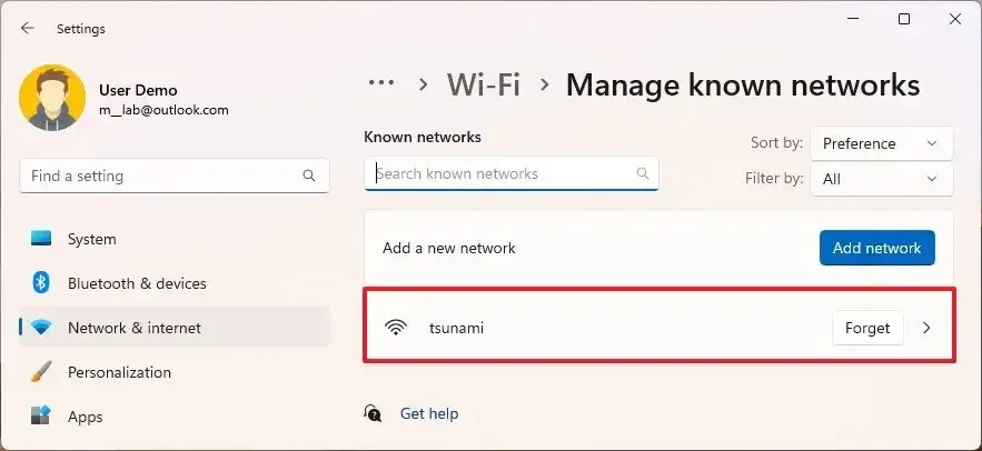 Saved Wi-Fi network profile