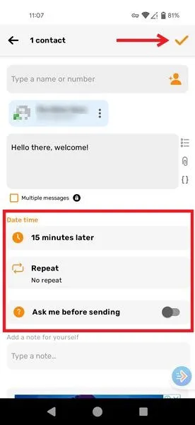 Zaplanuj wiadomość Whatsapp Android Autotext Napisz wiadomość