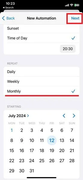 Selecteer de dag waarop je het geplande WhatsApp-bericht wilt verzenden in de Snelkoppelingen-app op de iPhone.