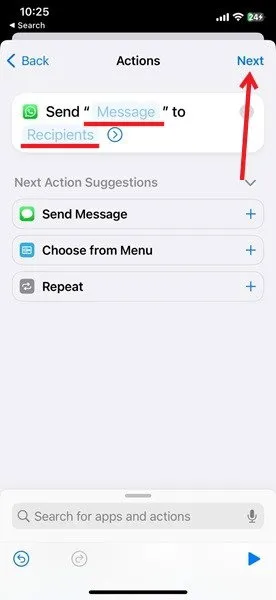 Dodawanie wiadomości i odbiorców dla zaplanowanej wiadomości WhatsApp w aplikacji Skróty na iPhonie.