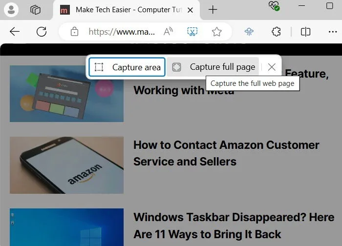 Acquisizione di uno screenshot scorrevole nel browser Edge catturando un'intera pagina.