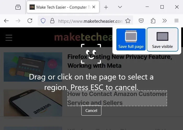 Guarde la página completa en una página web de Mozilla Firefox utilizando la herramienta de captura de pantalla integrada.