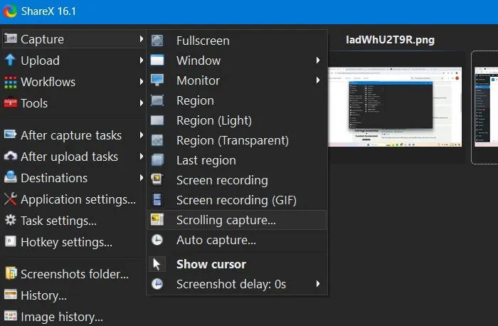 Scroll-Aufnahmeoption in ShareX für Windows.