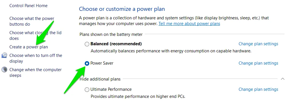 Seleccione el plan de ahorro de energía en la configuración de Windows