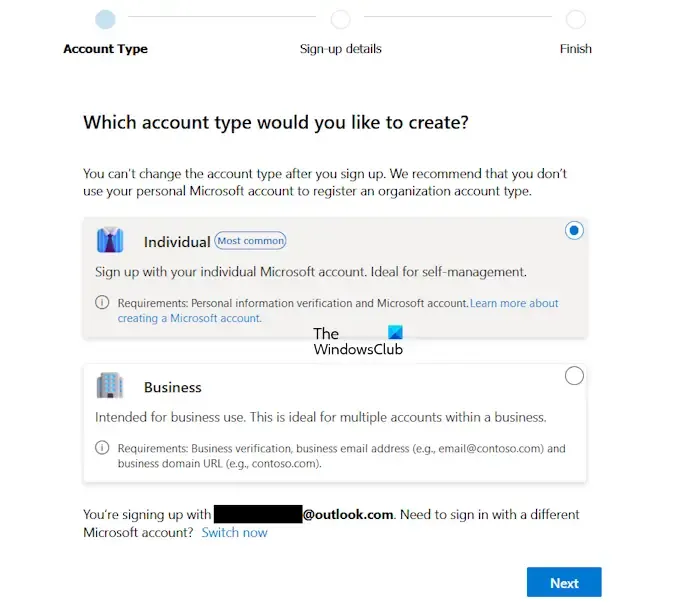 Seleziona il tipo di account Microsoft pubCenter
