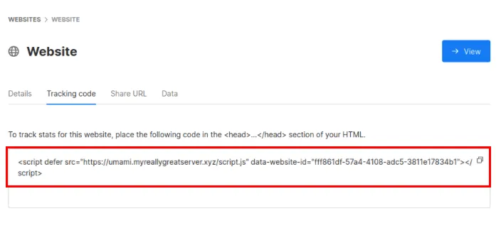 Una captura de pantalla que muestra el fragmento de código HTML para rastrear datos.