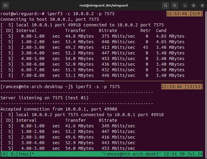 두 Wireguard 노드 간의 iperf3 테스트를 보여주는 터미널로 높은 처리량을 보여줍니다.