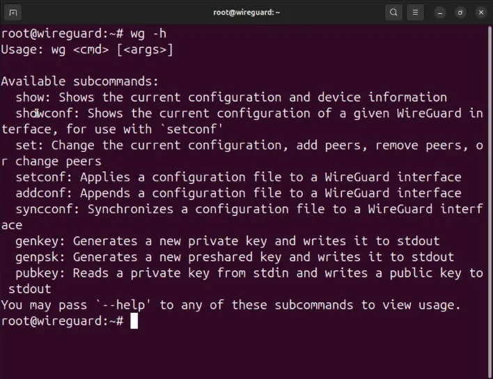 Un terminale che mostra il menu di aiuto per lo strumento dello spazio utente Wireguard.
