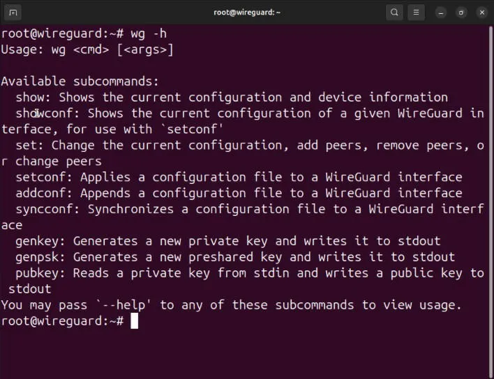 Una terminal que muestra el menú de ayuda para la herramienta de espacio de usuario Wireguard.