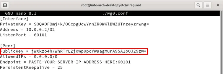 Een terminal die de openbare sleutel van de Wireguard-server markeert in het configuratiebestand van de tweede client.