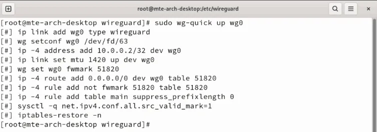 Wireguard クライアント デーモンの起動プロセスを示す端末。