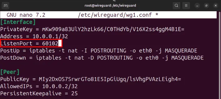 Una terminal que resalta la variable ListenPort modificada para la segunda interfaz Wireguard.