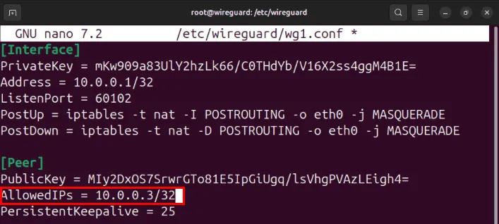 Una terminal que resalta la variable AllowedIPs modificada para el segundo cliente Wireguard.