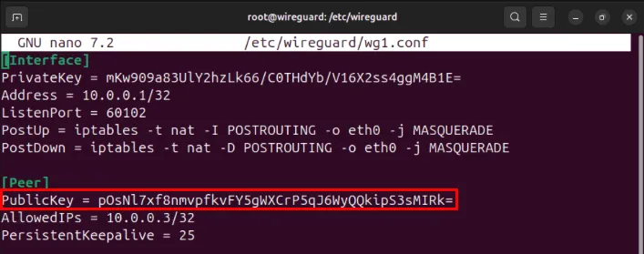 サーバーの wg1 構成ファイル内の 2 番目のクライアントの公開キーを強調表示する端末。