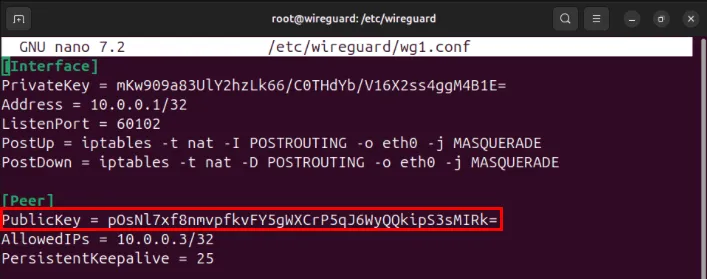 Ein Terminal, das den öffentlichen Schlüssel des zweiten Clients in der wg1-Konfigurationsdatei des Servers hervorhebt.