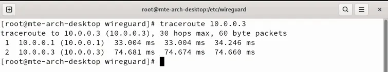 Una terminal que muestra un comando traceroute exitoso entre dos nodos Wireguard.