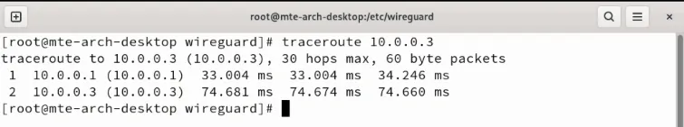 Ein Terminal, das einen erfolgreichen Traceroute-Befehl zwischen zwei Wireguard-Knoten anzeigt.