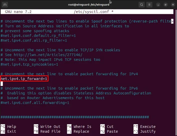 Een terminal die de locatie van de IPv4-doorstuuroptie in sysctl.conf markeert.