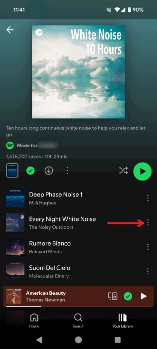 Appuyez sur trois points à côté d'une chanson individuelle dans l'application Spotify pour Android.