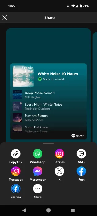 Opcje udostępniania playlist w aplikacji Spotify na Androida.