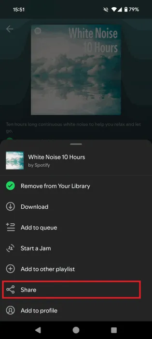 Premere il pulsante Condividi per la playlist nell'app Spotify per Android.