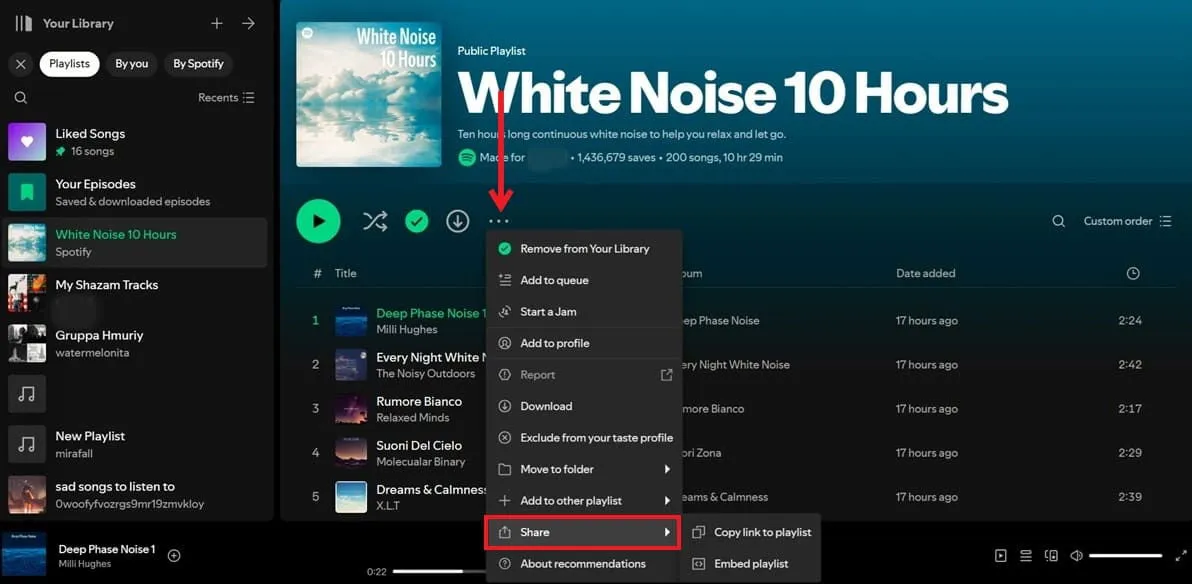 Premendo il pulsante Condividi nella playlist nell'app Spotify per PC.