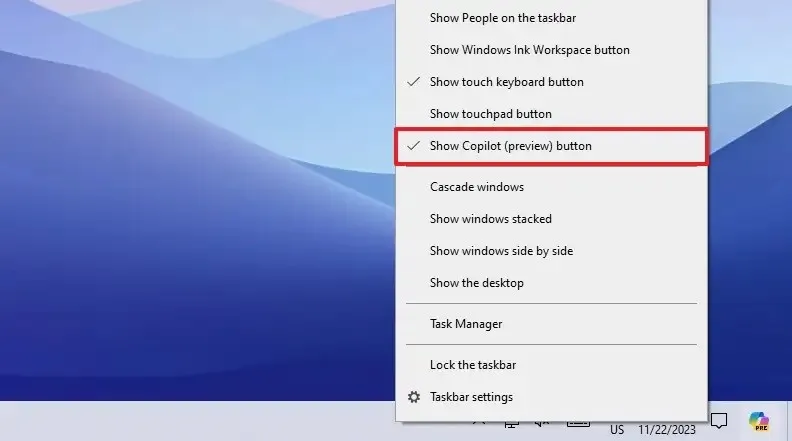 Windows 10에서 Copilot 버튼 표시
