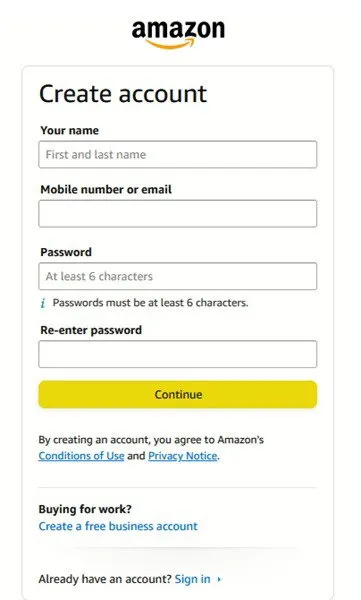 Crear una nueva cuenta en Amazon a través del navegador web.