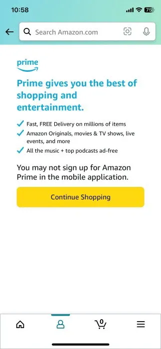 iPhone에서는 Amazon 쇼핑 앱에서 Prime에 가입할 수 없습니다.