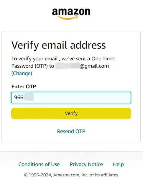 웹 브라우저에서 Amazon에 OTP 코드를 입력합니다.