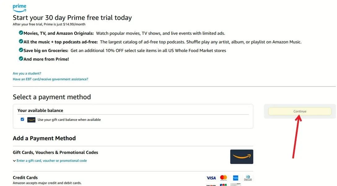 Seleccionar un método de pago para la suscripción de Amazon Prime en Amazon en la web.
