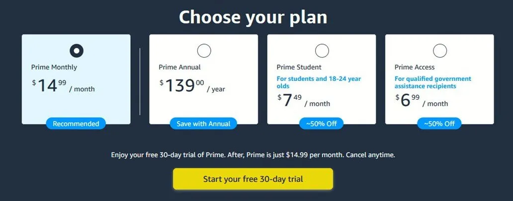 Elegir un plan Prime en Amazon en la web.