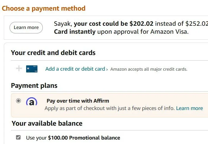 Amazon Visa カードを申請し、Affirm で分割払いをご利用ください。