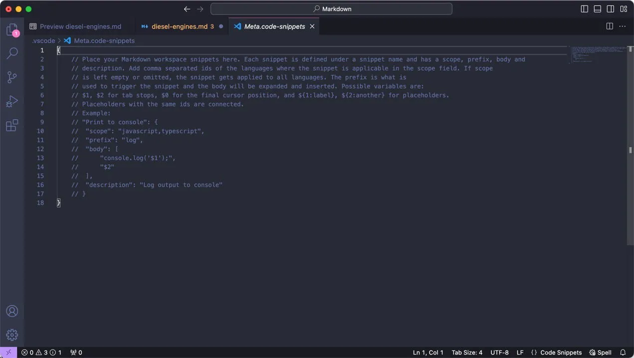 Tworzenie fragmentów kodu w Vscode