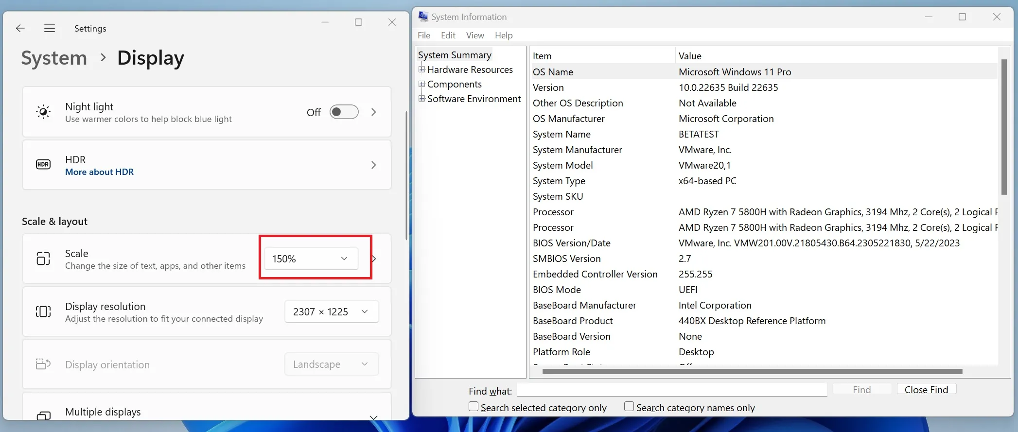 Windows 11 베타 23h2에서 더 높은 확장 옵션을 사용하면 시스템 정보 앱이 더 큰 텍스트를 표시합니다.