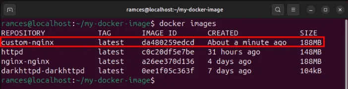 Una terminal que resalta la imagen personalizada generada a partir del subcomando de compilación.