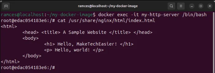 Una terminal que muestra un archivo HTML copiado en el shell raíz de un contenedor Docker.