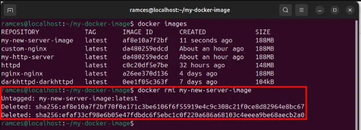 Una terminal que resalta el resultado de eliminar una imagen Docker del sistema.