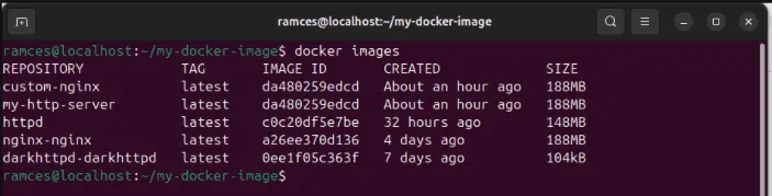 Una terminal que muestra la lista de imágenes de Docker actualizada.