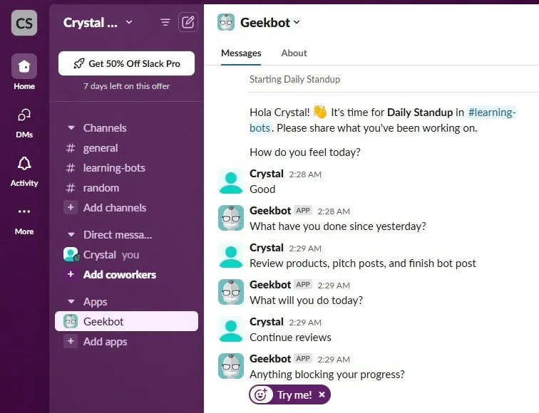 Geekbot voert een dagelijkse check-in uit in Slack.
