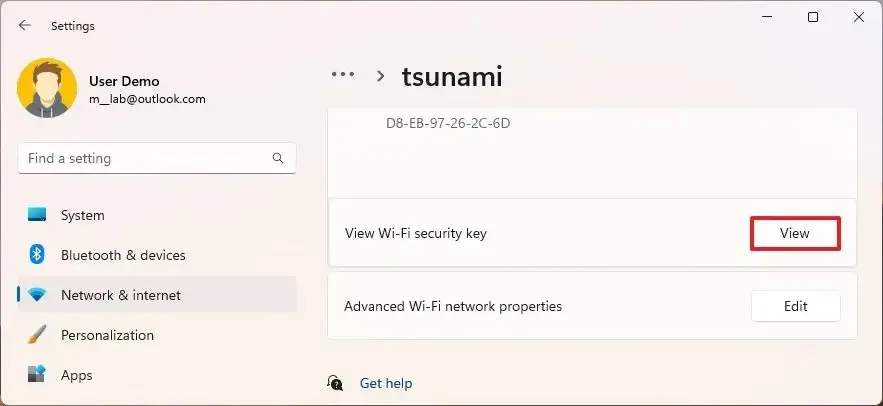 Impostazioni visualizza la chiave di sicurezza Wi-Fi